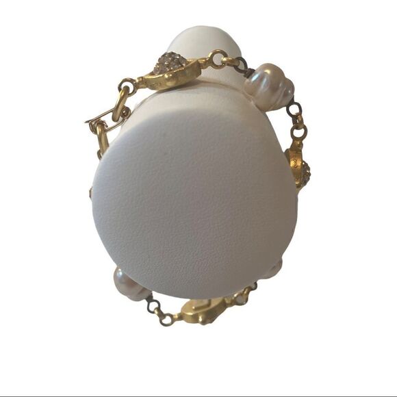 Linda Levinson Vintage & Signed Yellow Gold Tone & Faux Pearl Tennis Bracelet. - Picture 5 of 8